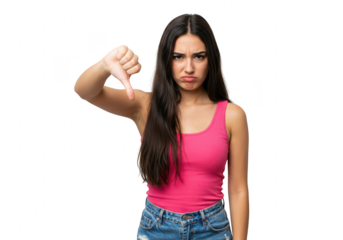 A young woman with long dark hair expresses disappointment with a frown and a thumbs down gesture, isolated on a transparent background