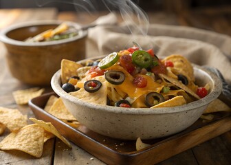Delicious Steaming Loaded Nachos with Melted Cheese, Jalapeños, and Olives