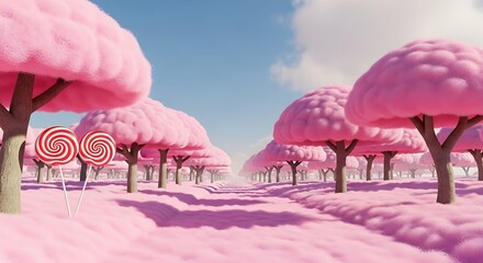 A whimsical candy floss landscape featuring pink trees and lollipops under a bright blue sky.