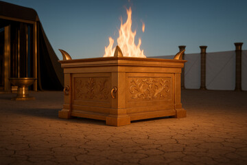 Brazen Altar with Fire in Tabernacle Courtyard