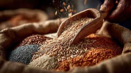 Assorted Rice Varieties in Burlap Sack with Wooden Scoop: Unmilled, Black, Brown, and Red Rice Grains Being Poured, Close-Up Still Life