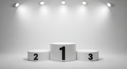 White podium with numbers 1, 2, and 3, illuminated by spotlights against a white background.