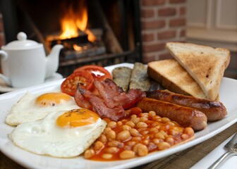 Hearty Full English Breakfast by a Cozy Fireplace with Fried Eggs and Bacon
