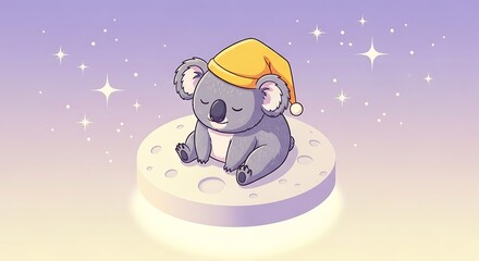 Cute sleeping koala with yellow nightcap resting peacefully on moon in dreamy starry sky.