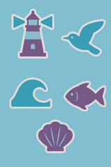  Sea-themed vector illustrations including fish, wave, and lighthouse.