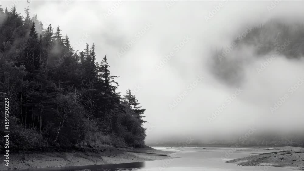 Poster misty lake surrounded by dense forest with fog obscuring the view.