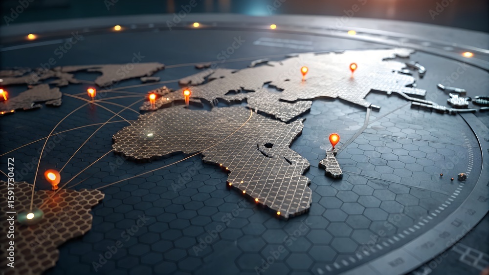 Poster global network connections: illuminated 3d world map with glowing location pins and futuristic desig