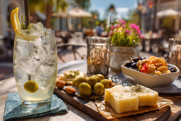 Enjoying a midday meal with a chilled beverage at an open-air cafe, featuring a tapas platter with green olives, Manchego cheese, and nuts