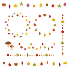 紅葉のフレーム　秋の葉のリース　ラインデコレーションのセット　ベクターイラスト