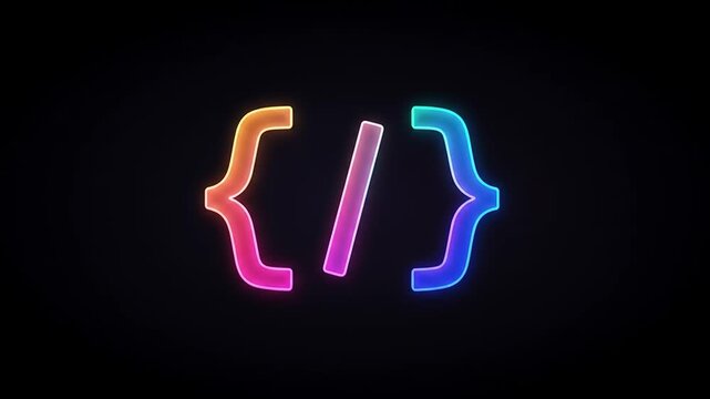 Colorful neon code brackets on a dark background, symbolizing programming and technology themes
