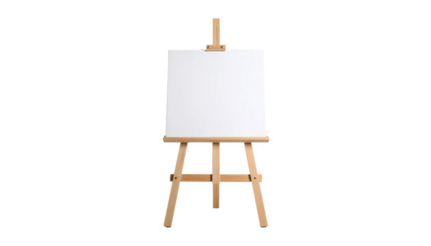 Canvas on a wooden easel with partially completed painting, isolated on transparent background