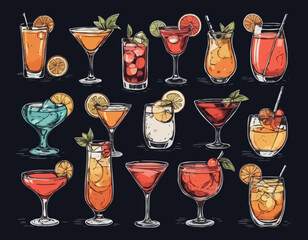 Hand-drawn collection of cocktails and drinks in various glass styles. Vintage ink sketch vector illustrations of classic alcoholic beverages.