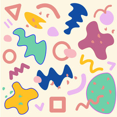 A playful seamless doodle pattern with Memphis-style squiggles, dots, and abstract shapes, evoking a fun retro 80s–90s aesthetic.