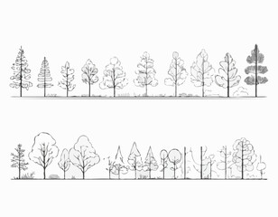 Obraz premium Architectural Drawings, Minimal style cad tree line drawing, Side view, set of section forest outline for landscape design drawing. Vector illustration