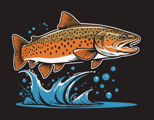 Brown Trout Logo. Unique, Bold, and Eyecatching Brown trout jumping out of the water. Suitable for any Brown Trout Fishing events. Print on Tshirt etc
