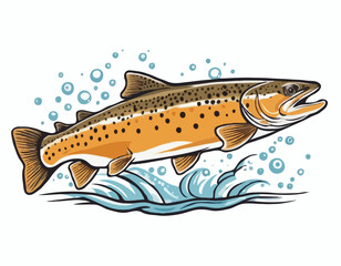 Brown Trout Logo. Unique, Bold, and Eyecatching Brown trout jumping out of the water. Suitable for any Brown Trout Fishing events. Print on Tshirt etc