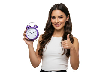 A young woman smiles and gives a thumbs up while holding a purple alarm clock isolated on a transparent background