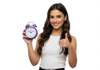 A young woman smiles and gives a thumbs up while holding a purple alarm clock isolated on a transparent background