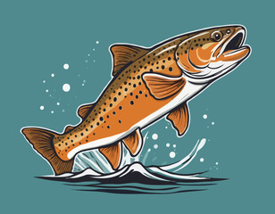 Brown Trout Logo. Unique, Bold, and Eyecatching Brown trout jumping out of the water. Suitable for any Brown Trout Fishing events. Print on Tshirt etc