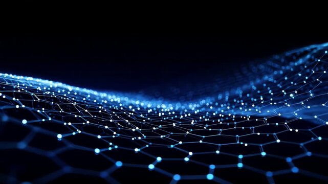 Abstract black background with hex grid, glowing dots, and wave lines forming tech mesh structure of digital data points in global network style