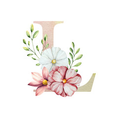 Watercolor letter L with floral ornament and soft foliage, gerbera, chamomile, echinacea. Delicate hand drawn butterfly and botanical elements in elegant.Transparent PNG, perfect for wedding monogram