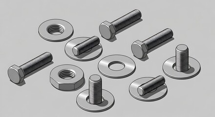 Detailed illustration of metal bolts nuts and washers on gray background for industrial design.