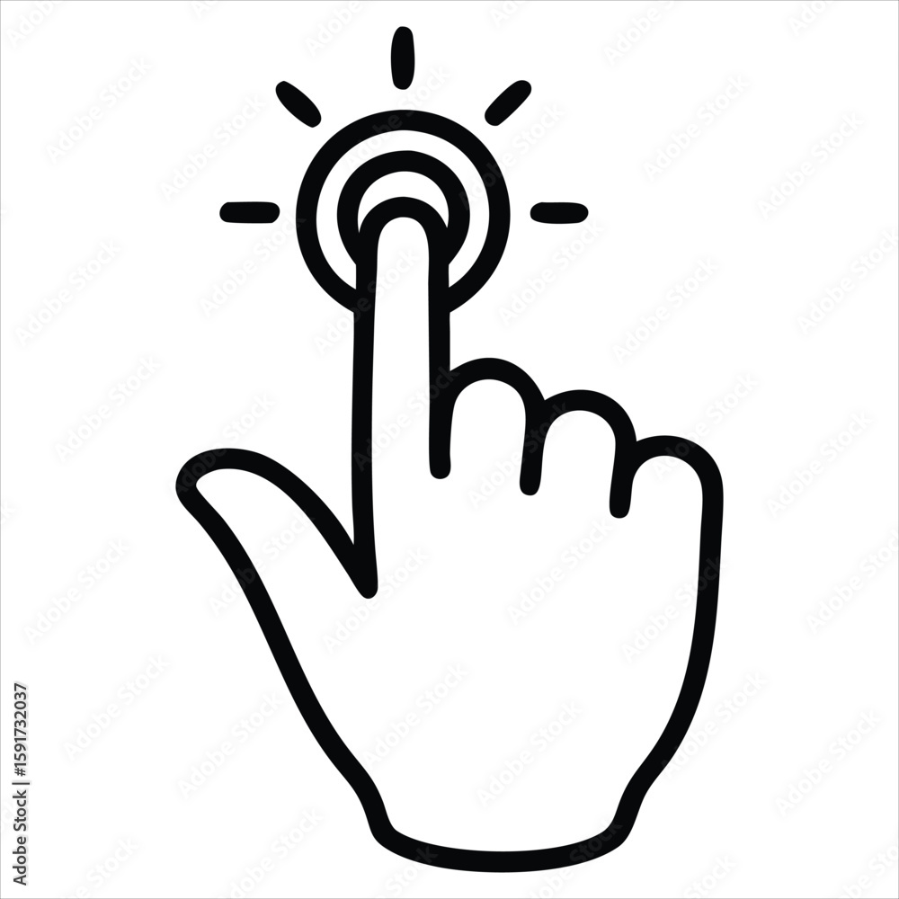 Poster a black line drawing of a hand cursor pointing and clicking on a glowing circle, isolated on a white