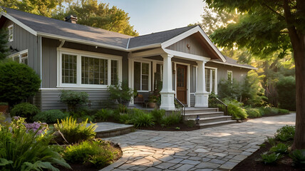 Fototapeta premium A beautifully staged suburban home exterior in bright daylight, with a lush green tree casting dappled shadows on the front porch.