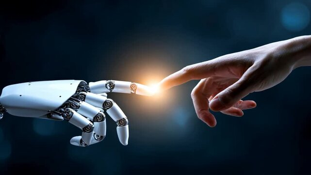 Robotic hand and human finger meeting in close touch, representing robotic intelligence and robot assistant working with human technology - Powered by Adobe