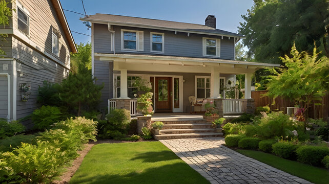  A beautifully staged suburban home exterior in bright daylight, with a lush green tree casting dappled shadows on the front porch.