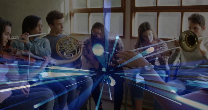 Teacher strumming guitar initiating rehearsal group playing violin flute with pulsing blue glow