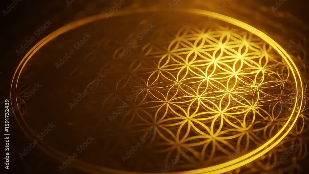 Poster intricate golden geometric pattern resembling a flower design, creating a mesmerizing visual effect