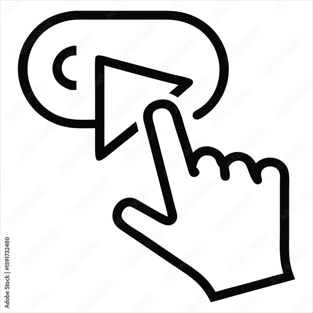 Poster a simple black line drawing shows a human finger pointing towards a play button or forward arrow wit