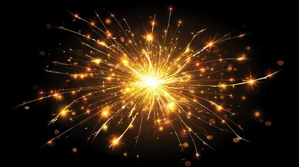 A vibrant, golden burst of light against a stark black background, radiating outwards in a starburst pattern with sparkling trails and glowing embers