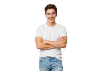 A happy young man with crossed arms, wearing a tshirt and jeans, isolated on a transparent background