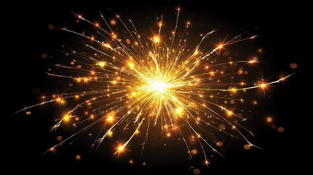 A vibrant, golden burst of light against a stark black background, radiating outwards in a starburst pattern with sparkling trails and glowing embers