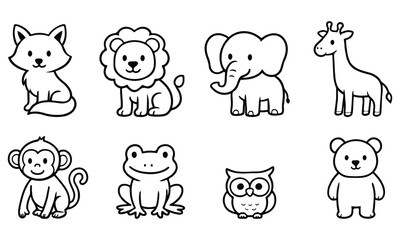 Obraz premium A simple black and white outline icon set of jungle animals including lion, elephant, monkey, giraffe, owl, frog, and more. Ideal for coloring pages, educational worksheets, kids’ activity books,
