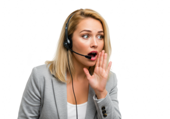 A surprised call center operator wearing a headset looks to the side while speaking, isolated on a transparent background