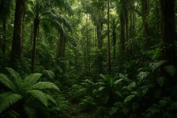 Fototapeta premium Lush Tropical Forest with Dense Foliage and Sunlight Filtering Through
