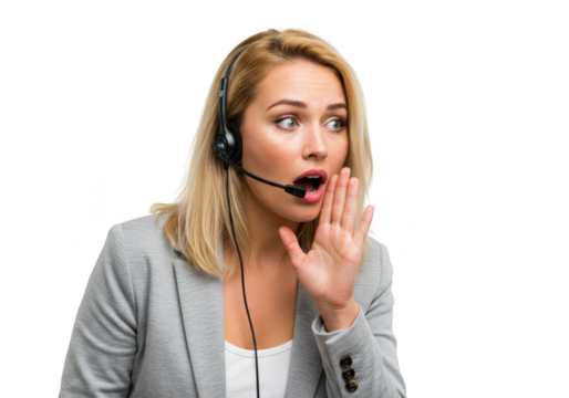 A surprised call center operator wearing a headset looks to the side while speaking, isolated on a transparent background