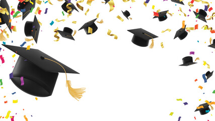 Lively Black Graduation Caps Soaring Skyward Accompanied by Falling Confetti and Multicolored Golden Streamers Symbol of Academic Achievement Graduation