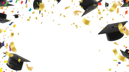 Lively Black Graduation Caps Soaring Skyward Accompanied by Falling Confetti and Multicolored Golden Streamers Symbol of Academic Achievement Graduation