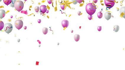 Sweet Pink and Pristine White Balloons Ascending, Interspersed with Sparkling Golden Stars and Scattered Confetti  Delightful and Magical Celebration Frame Ideal for Birthdays Anniversaries