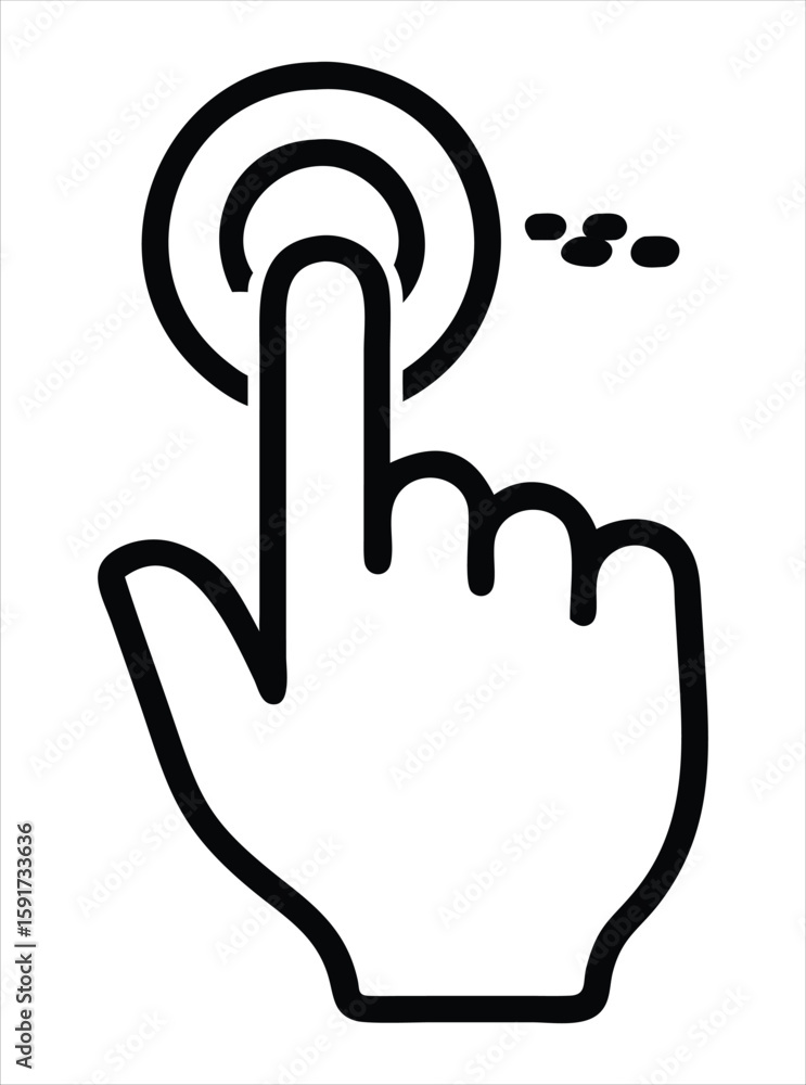 Poster a simple line art icon of a hand with a pointed finger is shown about to touch or click a circular t