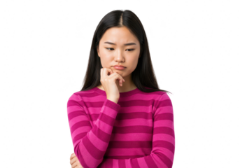 A young asian woman with dark hair, wearing a pink striped sweater, looks thoughtful with her hand on her chin, isolated on a transparent background