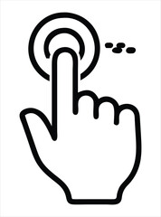 Obraz premium A simple line art icon of a hand with a pointed finger is shown about to touch or click a circular target, symbolizing an action or selection, isolated on a white background. ideal for user interface 