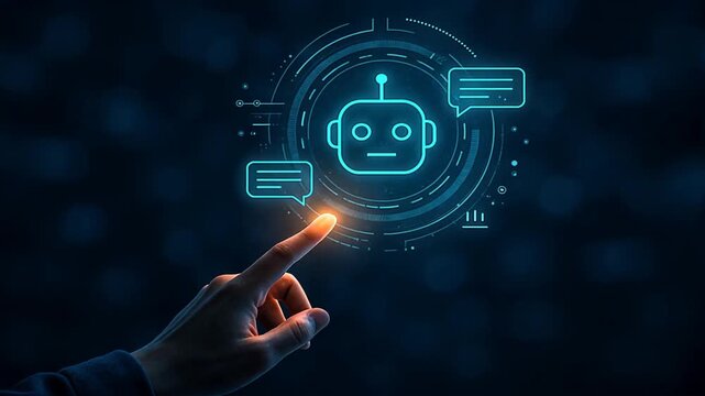 Hand reaches toward glowing ai face icon on a dark tech background, activating robot assistant interface powered by robotic intelligence