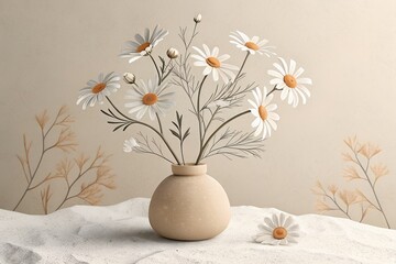 A minimalist dried flower beauty with soft white petals and an orange center in a small matte brown vase, placed on a textured white surface with a neutral beige background. design illustration