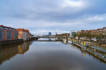Bremen’s skyline shines after the storm, as seen from the Weser Bridge, Germany