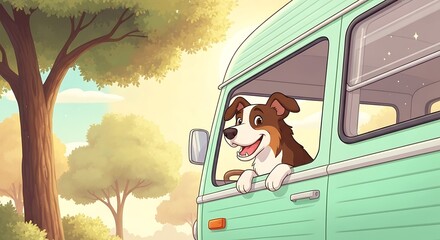 Happy cartoon dog enjoying a road trip with head out vintage camper van window in sunny forest.